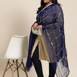 Sztori Embroidered Silk Chiffon Dupatta With Mirror Work image 3