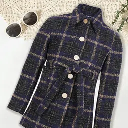 CHIMPRALA Girls Checked Woollen Longline Trench Coat image 1