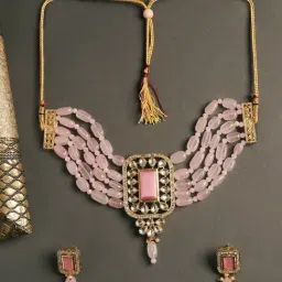 OOMPH Pink Opal Beads Ethnic Choker Set with Earrings-image-54
