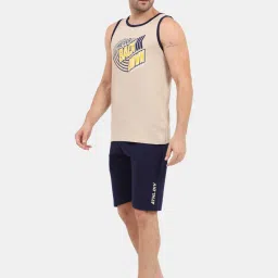 Masculino Latino Beige & Blue Regular Fit Printed Nightwear Set image 3