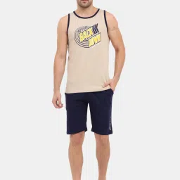 Masculino Latino Beige & Blue Regular Fit Printed Nightwear Set image 1