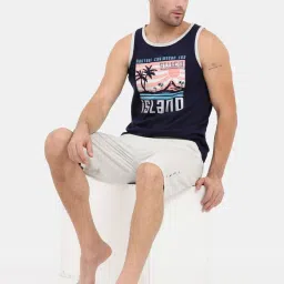 Masculino Latino Navy Blue & Grey Regular Fit Printed Nightwear Set image 5