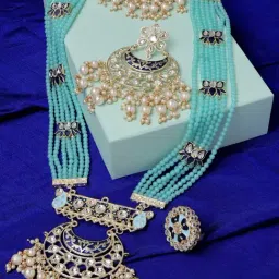 Zaveri Pearls Blue Multistrand Beaded Kundan Lotus Long Necklace Earring & Ring Set-ZPFK14608-picture-43