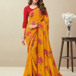 Satrani Yellow Floral Print Saree With Unstitched Blouse-image-32