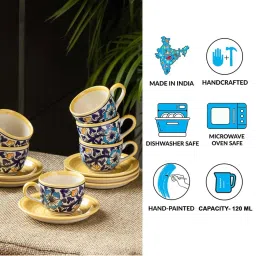ExclusiveLane 'Badamwari Bagheecha' Yellow & Navy Ceramic 6 Cups (0.12 L) with 6 Saucers image 5