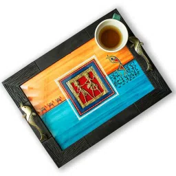 ExclusiveLane Sunset Orange & Ocean Blue Handpainted Warli & Dhokra Wooden Tray image 1