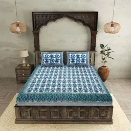 JaipurFabric Blue Cotton 254 TC Ikat Super King Size Bedsheet with 2 Pillow Covers-image-76