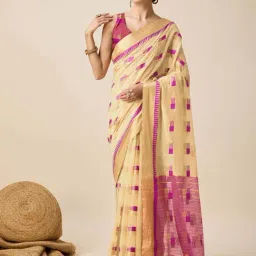 Satrani Cream & Rani Pink Cotton Silk Woven Saree With Unstitched Blouse-picture-15