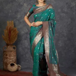 Satrani Teal Green & Silver Silk Woven Saree With Unstitched Blouse-image-22