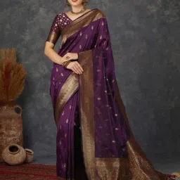 Satrani Purple & Golden Silk Woven Saree With Unstitched Blouse-image-17
