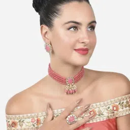 Zaveri Pearls Pink Stones Multistrand Beaded Choker Necklace Earring & Ring Set-ZPFK15148-image-12