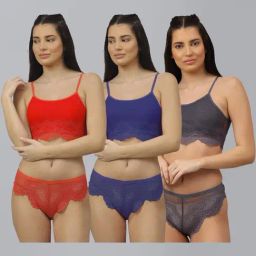 AROUSY Red & Blue Self Pattern Bra Panty Set - Pack Of 3-picture-4