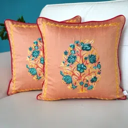 TARA Sparkling Homes Embroidered Peach Cotton Silk Cushion Cover - Set of 4 image 2