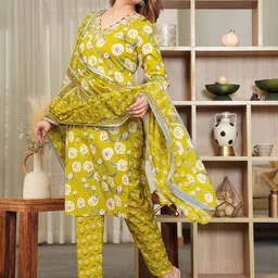 WILL BOTTOM Women Floral Printed Pure Cotton Kurta with Trouser & Dupatta image 3