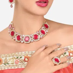 Zaveri Pearls Red Stones Dazzling Austrian Diamonds Kundan Necklace Earring & Ring Set-ZPFK16076-image-60