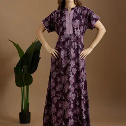 NIGHTSPREE Floral Printed Mandarin Collar Fit And Flare Maxi Nightdress-image-16