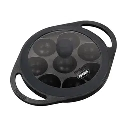 Hawkins Futura 16 cm Cast Iron Appe Pan, Non Stick Paniyaram Pan with Glass Lid, 8 Cups Paniyarakkal Pan, Litti Pan, Kuzhi Paniyaram Pan, Ponganalu Pan, Black (CIAP16G) image 1