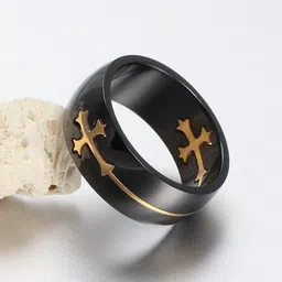 vientiq Detachable Gold Crucifix Engraved Cross Christian Finger Ring for Boys & Men (Black) image 2