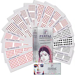 PERPAA Premium Velvet Sticker Kumkum Bindi Box of 16 Flaps Multicolor,Different Size- Bindi for Women,Ladies (Size - 08-2.5mm, 09-2mm, 10-1.75mm, 11-1.5mm, Red,Black,Dark Maroon,Light Maroon) image 1