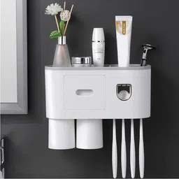 TGOPIT Toothbrush Holder Wall Mounted, Automatic Toothpaste Dispenser Squeezer Kit With Holders For Bathroom-Shelf Magnetic Cups Toothpaste Holder(2 Cup,Abs Plastic, White) image 1