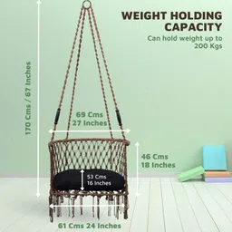 curio centre Make In India C-Shape Swing With Polyester Ropes & Mild Steel Frame Adults & Kids/Indoor Hanging Swing Chair With Black Cushion & Accessories (Coffee Color, 46 Cm, 61 Cm, 170 Cm) image 5