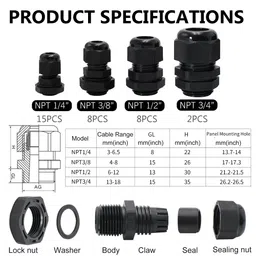 AIRTAK Electrical Conduit Fittings 33 Pack Adjustable 3-18mm Nylon PA66 Cable Glands Waterproof NPT1/4” NPT3/8” NPT1/2” NPT3/4” Cord Grip Strain Relief with Gaskets in PP Plastic Box image 2