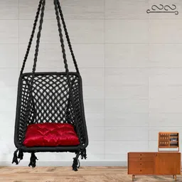 patiofy Wood Square Shape Swing Chair for Balcony, Living Room, Home - Hammock Hanging Swing With Red Square Cushion - Black, 46 Centimeters image 3