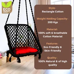 Curio Centre Make in India Cotton Rectangle Swing with Square Cushion for Home & Balcony/Hammock Chair with Hanging Accessories for Adults/Swing Chair for Indoor and Outdoor (147x86x64 cm, Black) image 3