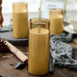 LTETTES Flameless LED Candles AA Battery Powered with Gold Acrylic Fiber Glass with Remote Controller and Timer for Home Festival Wedding Decor (3" D x 6" H) image 4