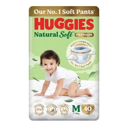 Huggies Natural Soft Premium Baby Diaper Pants, Our No.1 Soft Pants, Medium (M) Size (7-12 Kgs), Pack of 40 diapers | Cloud Softness All over with India's 1st Cloud Touch Belt image 1