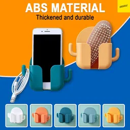 karomouj Acrylonitrile Butadiene Styrene Kma607 Wall Mount & Table Top Phone Holder Mobile Charging Stand With 2 Hook Phone Holder For Bedroom Kitchen Shelves Bathroom Office (Random Color,Pack Of 4) image 3