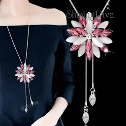 shining diva fashion Stylish Crystal Flower Silver Plated Long Chain Pendant Necklace for Women image 2
