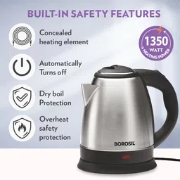 Borosil Stainless Steel 1350W Electric Kettle (1.5L) | Classic Design with Auto Shut-Off, Dry Boil Protection, and 360° Swivel Base for Hot Water, Tea, Coffee and Soup | 1 Year Warranty image 3