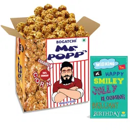 BOGATCHI Mr.POPP's Caramel Popcorn, Handcrafted Gourmet Popcorn Party Snacks, 100% Crunchy Delicious Fully Popped Corns,, Best Birthday Gift for Boyfriend , 375g + Free Happy Birthday Greeting Card image 1