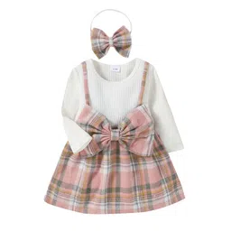 hopscotch Girl's White Checkered Full-Sleeve Knee-Length Casual Dress With Headband image 1