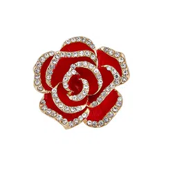 via mazzini Gold Plated Crystals 'Rosalia Éternelle' Red Rose Brooch Cum Saree Pin For Women (Brooch0652) 1 Pc image 1
