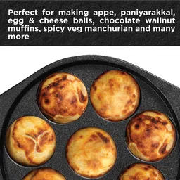 Hawkins Futura 16 cm Cast Iron Appe Pan, Non Stick Paniyaram Pan with Glass Lid, 8 Cups Paniyarakkal Pan, Litti Pan, Kuzhi Paniyaram Pan, Ponganalu Pan, Black (CIAP16G) image 4