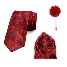 axlon Men's Micro Polyester Paisley Necktie Set with Pocket Square and Brooch Pin (Red, Free Size) image 1