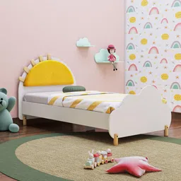 Wakefit Sunbeam Kids Bed | Single Bed for Kids | Sturdy Engineered Wood Cot with Soft-Close Hinges | Frosty White with Sun-Themed Headboard | Durable & Child-Safe image 1