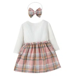 hopscotch Girl's White Checkered Full-Sleeve Knee-Length Casual Dress With Headband image 2