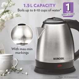 Borosil Stainless Steel 1350W Electric Kettle (1.5L) | Classic Design with Auto Shut-Off, Dry Boil Protection, and 360° Swivel Base for Hot Water, Tea, Coffee and Soup | 1 Year Warranty image 5