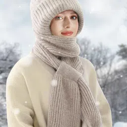 sumolux Beanie Hat Scarf Integrated Ear Protection Windproof Cap Scarf Elastic Knitting Thick Warm Conjoined Winter image 3