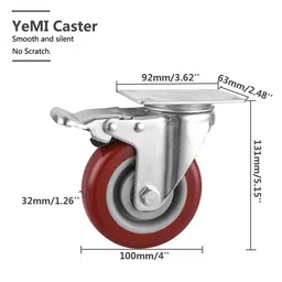 yemi casters YeMI 4 inch Heavy Duty Casters, Lockable Bearing Caster Wheels with Brake, Swivel Casters for Furniture, Workbench and Cart-Set of 4 Load 1200lbs (Free Screws,Red B) image 2