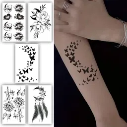 S.A.V.I 5 Sheets Waterproof Temporary Tattoo Stickers for Women & Men - 10.5x6cm Each | Floral, Feather, Butterfly & Heart Designs | Easy to Apply, Long-Lasting Body Art for Parties & Festivals image 1