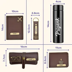 your gift studio Customized Leather 5 Pcs Gift Set | Personalized Birthday Gift for Men, Brother, Father, Husband with Name Engrave | Customized Gift Hamper Brown image 3