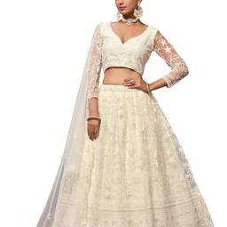 jihu culture Women 's White Soft Net Embroidered Semi-Stitched Lehenga Choli image 1