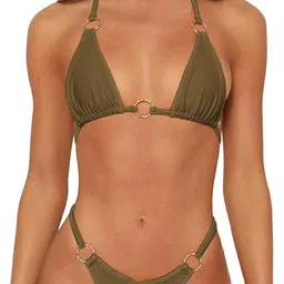 f&m fashion Women's Triangle Bikini Set with Ring Details, Turquoise Blue, Two-Piece Swimsuit image 1