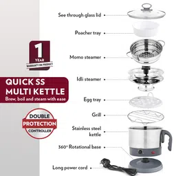 Borosil 1.3L 600W Stainless Steel Quick Multipurpose Electric Kettle with Egg Tray, Idli Stand, Steamer & Grill Plate | 360° Rotating Base, Auto Cutoff, Overheat & Dry Boil Protection, 1 Year Warranty image 5