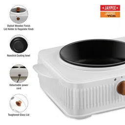 Jaypee Plus Electric CookSmart 3-in-1 Dual Cooking Station with Teflon NonStick Coating Bowl for Reheating & Cooking,Wooden Finish Lid & Regulator Knob Toughened Glass Lid,White image 4