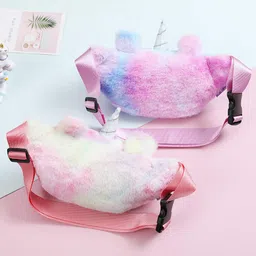 newfancy Women's Kids Polyester Fluffy Fuzzy Unicorn Fanny Tie Dye Rainbow Waist Pack Crossbody Purse Chest Bum Belt Bag image 5